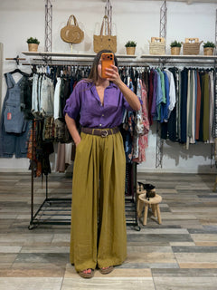 Pantalone in Tencel con pence e cintura senape