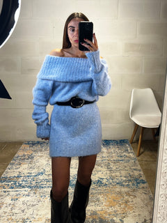 Dress simil lama spalle cadenti e risvolto azzurro