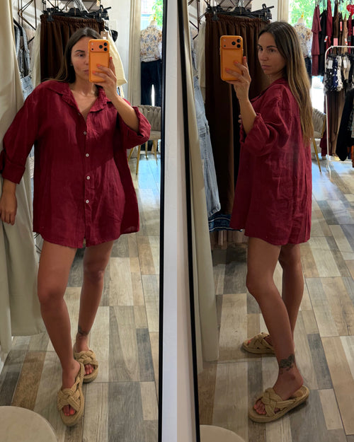 Camicia over in 100% lino bordeux