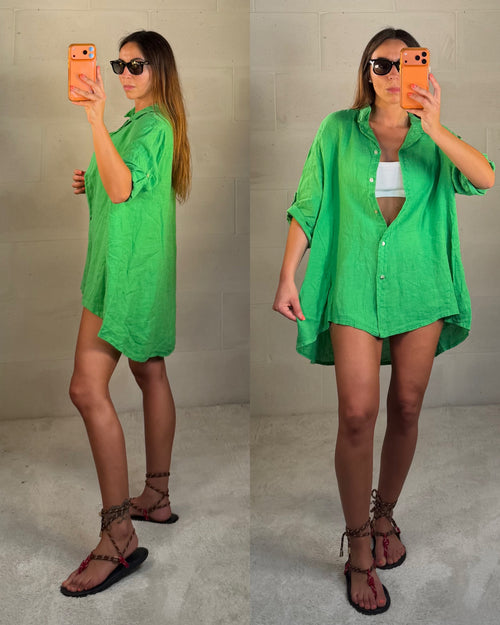 Camicia over in 100% lino verde acceso