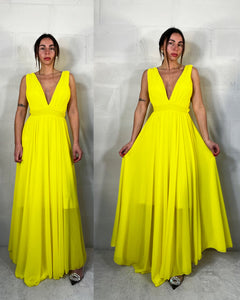 Maxi abito da cerimonia velato Indonesia giallo mimosa