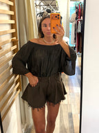 Blusa ampia in viscosa marrone manica 3/4 scollo a barchetta