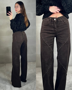 Denim a palazzo marrone con borchie