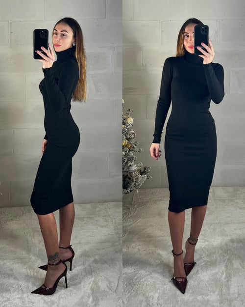 Tubino a collo alto elasticizzato simil lana rasata nero