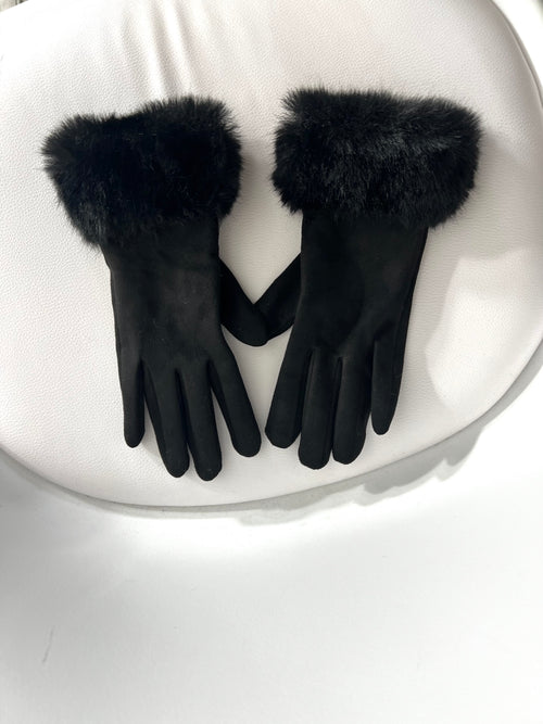 Guanti neri scamosciati con polsino in ecopelliccia