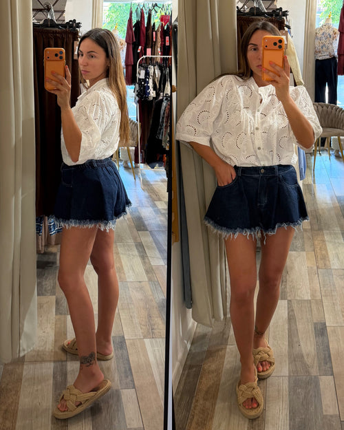 Short Butterfly in denim a lavaggio blu scuro