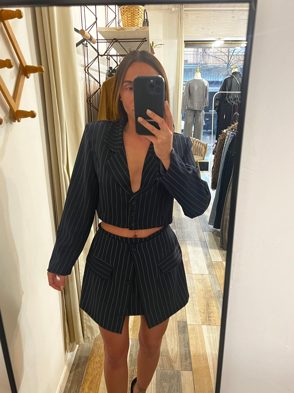 Coordinato short + blazer crop gessato blu