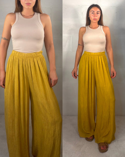 Pantalone in viscosa increspato senape