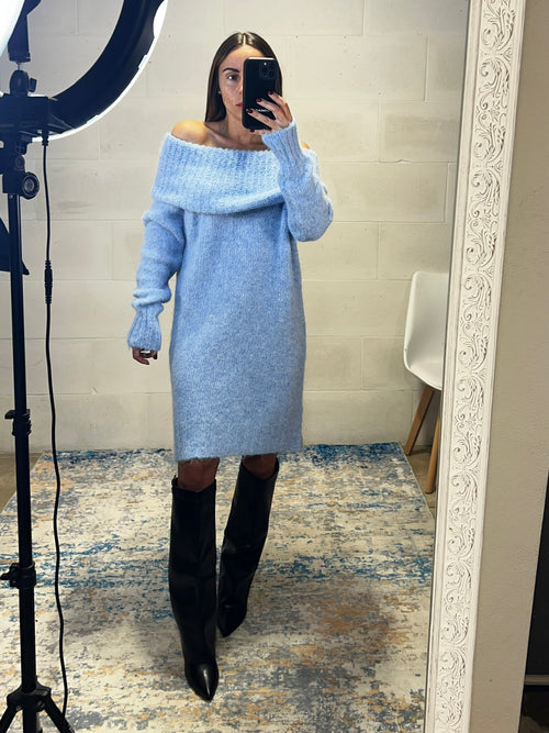 Dress simil lama spalle cadenti e risvolto azzurro