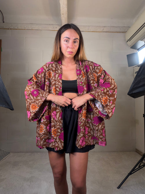 Kimono Indonesia marrone viscosa misto cotone