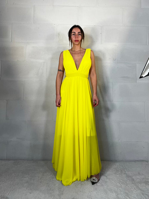 Maxi abito da cerimonia velato Indonesia giallo mimosa