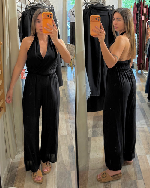 Maxi tuta in viscosa con elastico in vita nera