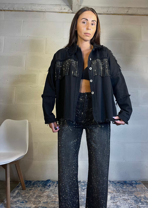 Camicione in denim con frange e strass