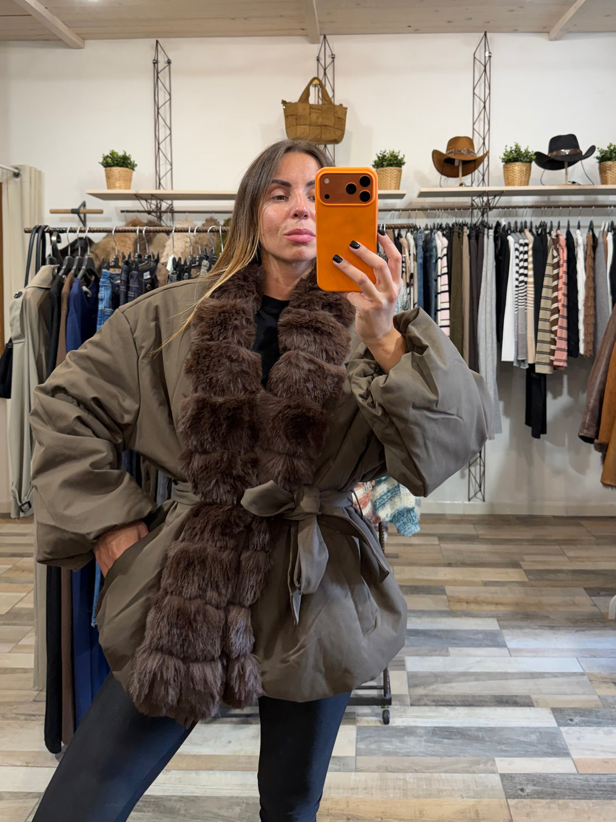 Bomber kimono Cracovia inserti in ecopelliccia con cintura annodabile kaki