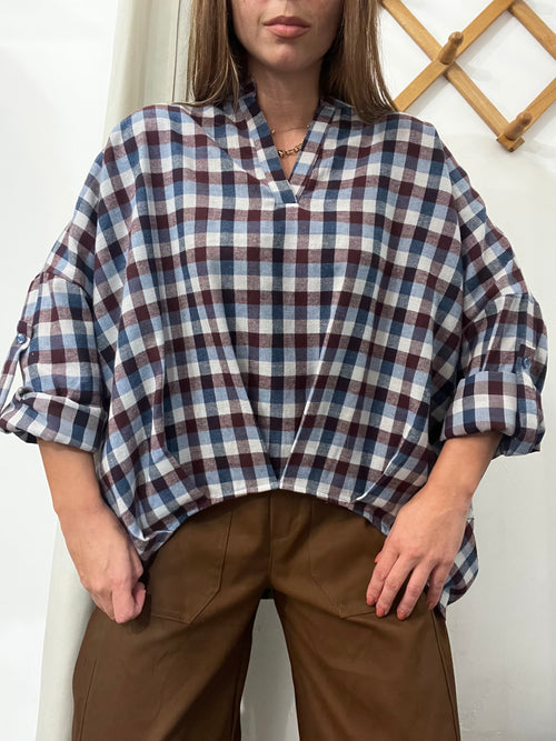 Blusa “Ikea” in flanella over azzurra/bordeaux