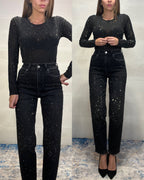 Denim mom fit nero con strass