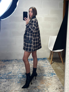 Blazer over tartan inserti ecopelle nero