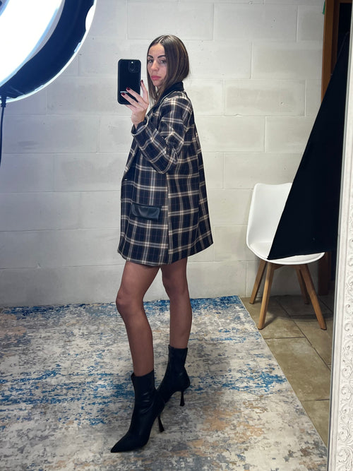 Blazer over tartan inserti ecopelle nero