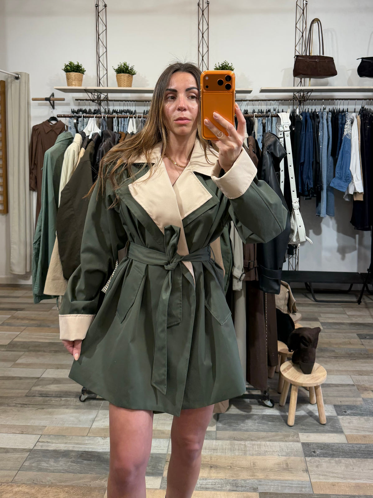 Trench mezza lunghezza bicolore verde militare