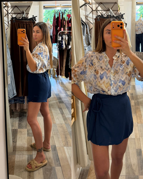 Gonna pantaloncino effetto pareo blu