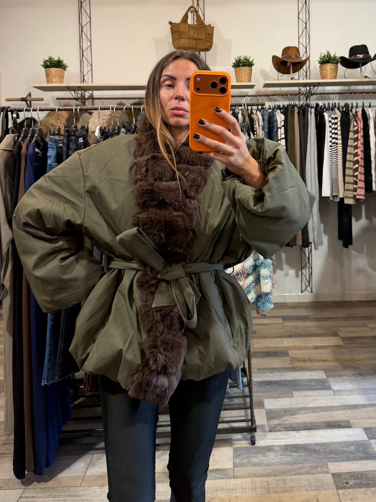 Bomber kimono Cracovia inserti in ecopelliccia con cintura annodabile verde militare