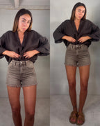 Short in denim Atena marrone con frangette