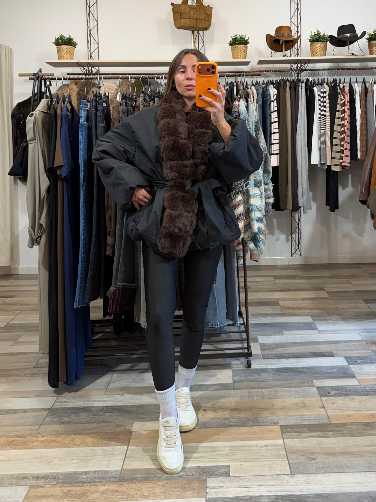 Bomber kimono Cracovia inserti in ecopelliccia con cintura annodabile nero
