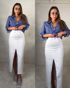 Maxi gonna in denim bianca