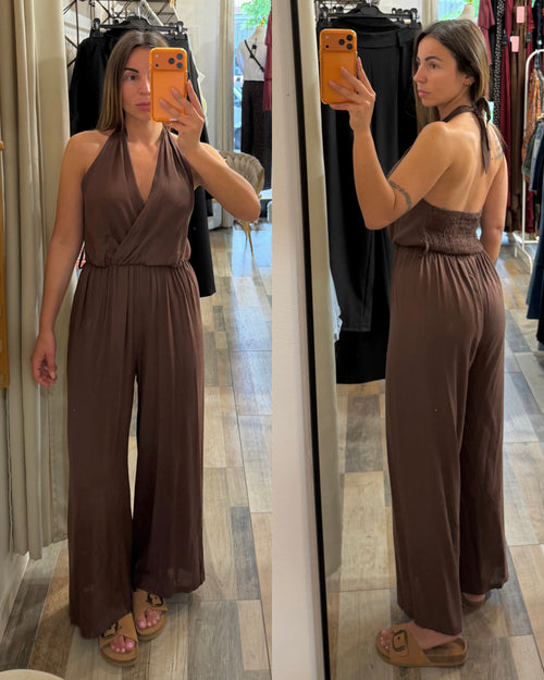 Maxi tuta in viscosa con elastico in vita marrone