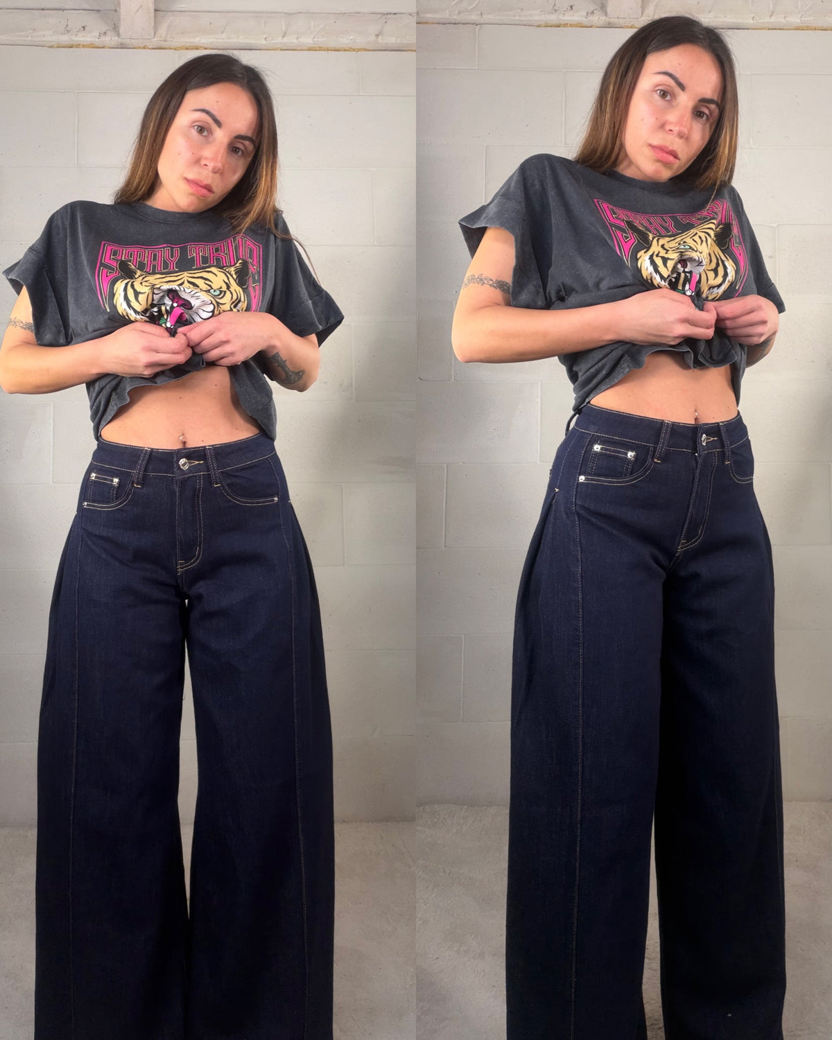 Denim blu notte pence laterali svasato