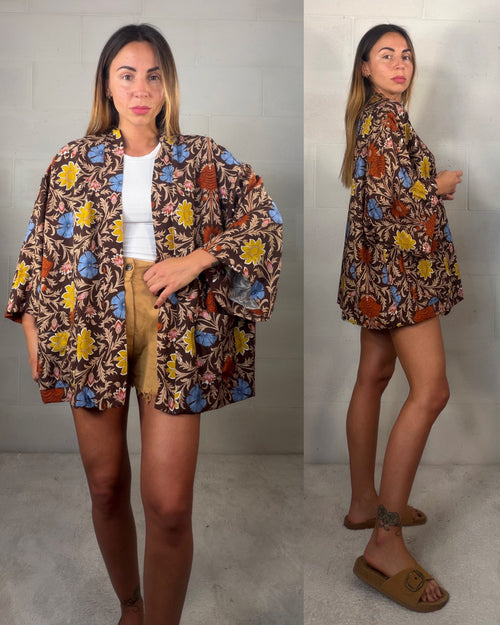 Kimono Indonesia marrone viscosa misto cotone