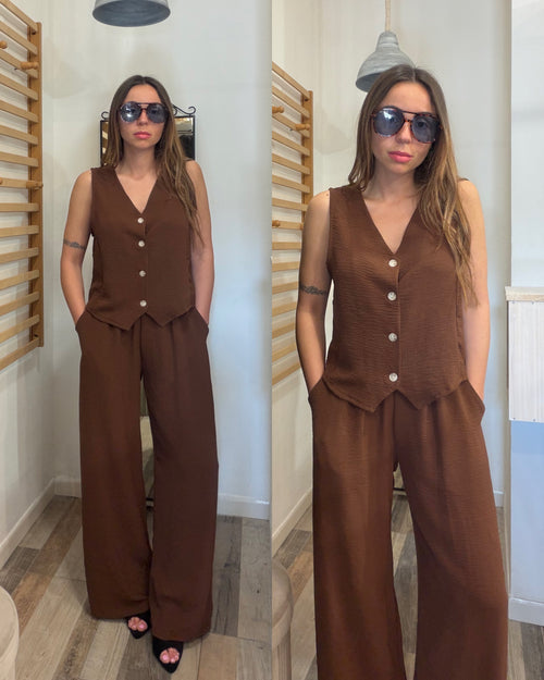Completo gilet + pantalone con elastico in vita Lisbona moka