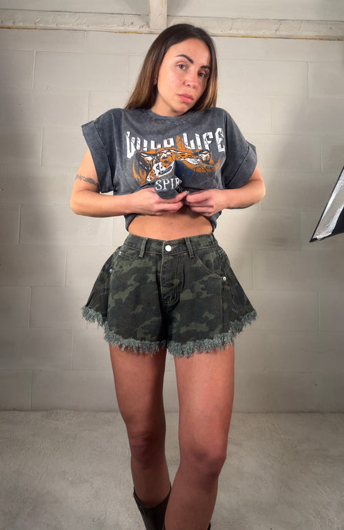 Short a campana mimetico in denim
