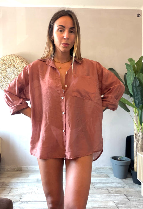 Camicia over in tencel terracotta rosata