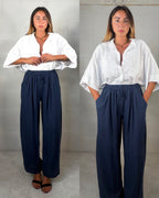 Pantalone 7/8 in misto lino blu