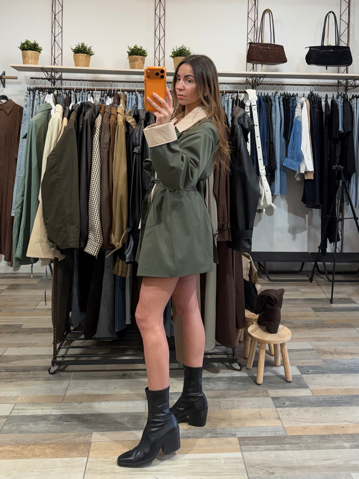 Trench mezza lunghezza bicolore verde militare