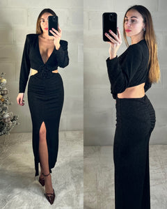 Maxi abito cut-out in lurex nero