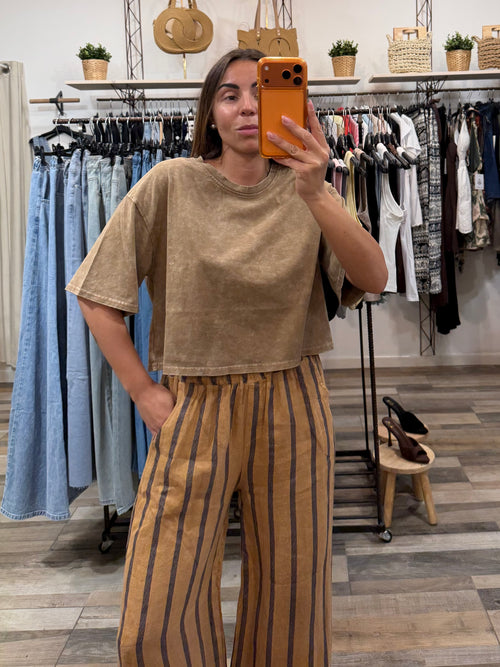 T-shirt crop 100% cotone effetto consumato beige