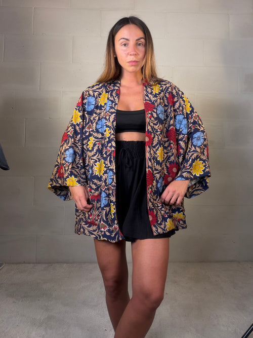 Kimono Indonesia blu viscosa misto cotone