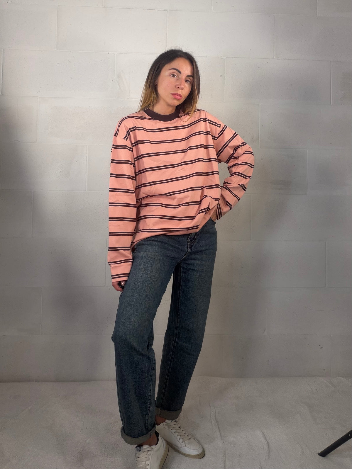 Long Sleeve rigata 95 % cotone rosa colletto effetto strappato