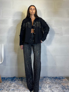 Camicione in denim con frange e strass