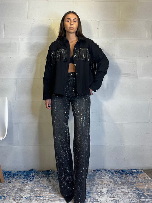 Camicione in denim con frange e strass