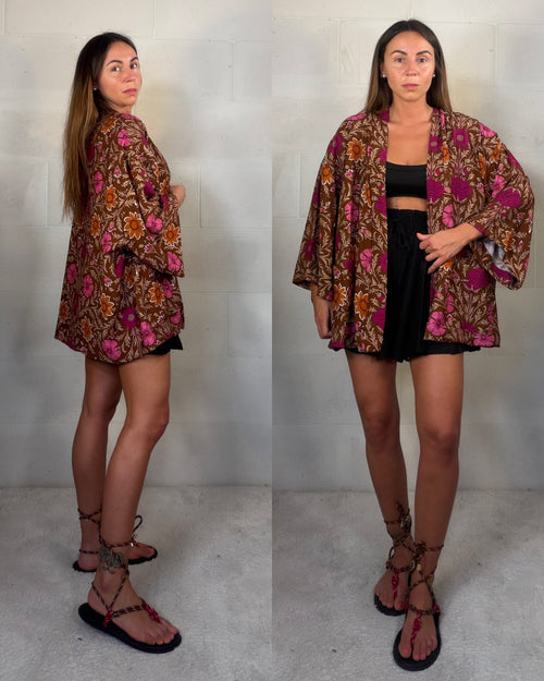 Kimono Indonesia marrone viscosa misto cotone