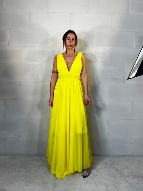 Maxi abito da cerimonia velato Indonesia giallo mimosa