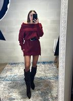 Dress simil lama spalle cadenti e risvolto bordeaux