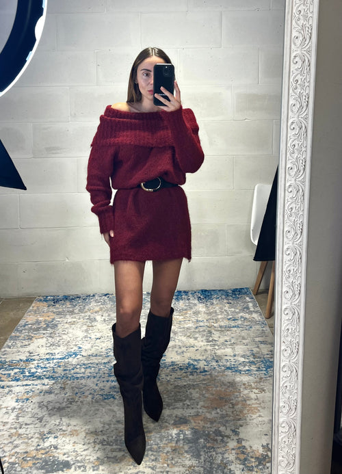Dress simil lama spalle cadenti e risvolto bordeaux