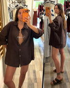 Camicia over in 100% lino marrone