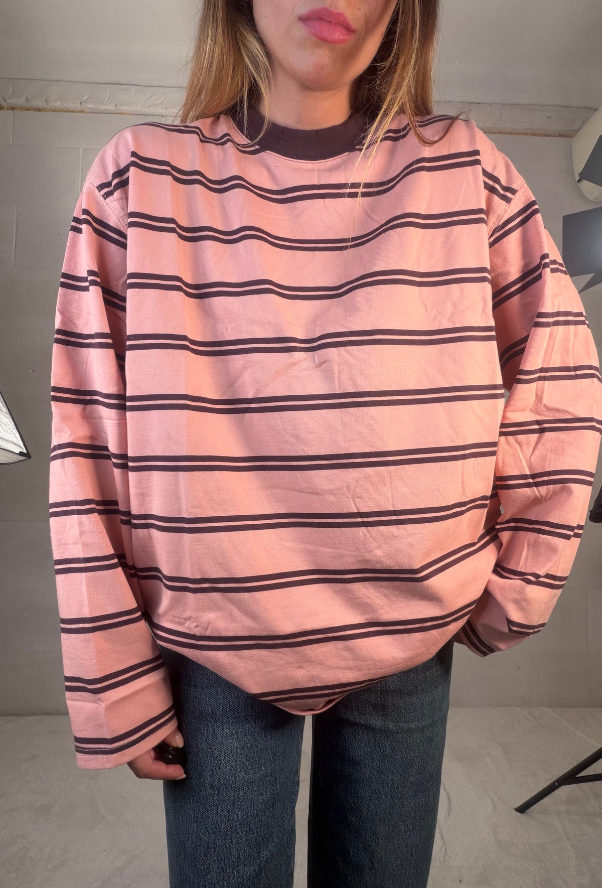 Long Sleeve rigata 95 % cotone rosa colletto effetto strappato