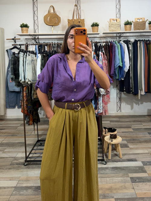 Pantalone in Tencel con pence e cintura senape