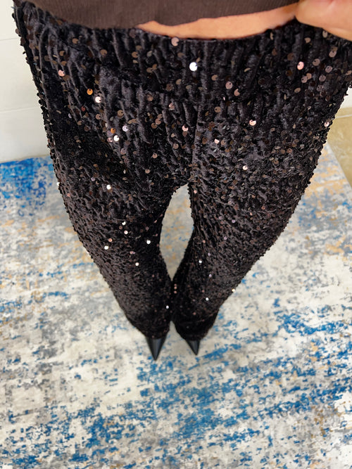Pantalone di paillettes in ciniglia marrone